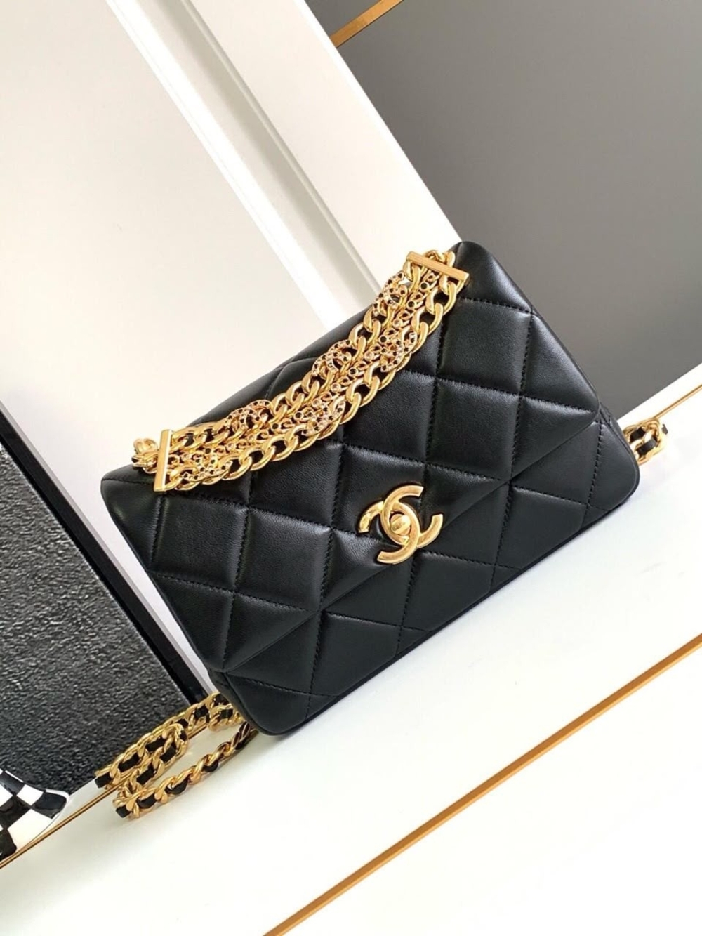Chanel Quilted Lambskin Shoulder Bag in Black with Gold Hardware